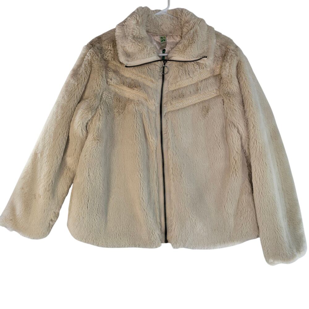 Faux Fur Chic Maximalist Mob Wife Green Tea Women's Zip Up Jacket Beige Size L